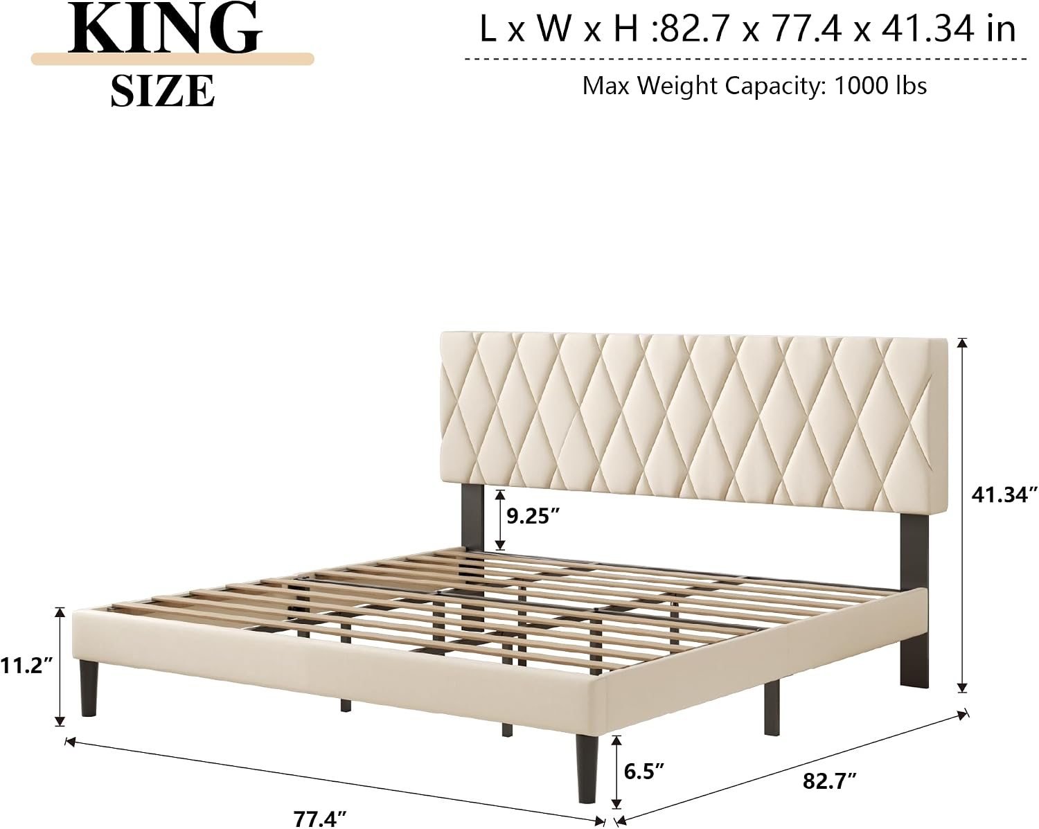 CXVX King Size Bed Frame with Diamond Tufted Headboard, Velvet Upholstered Platform Bed and Wooden Slat Support, Noise-Free, No Box Spring Needed, Easy Assembly, Beige