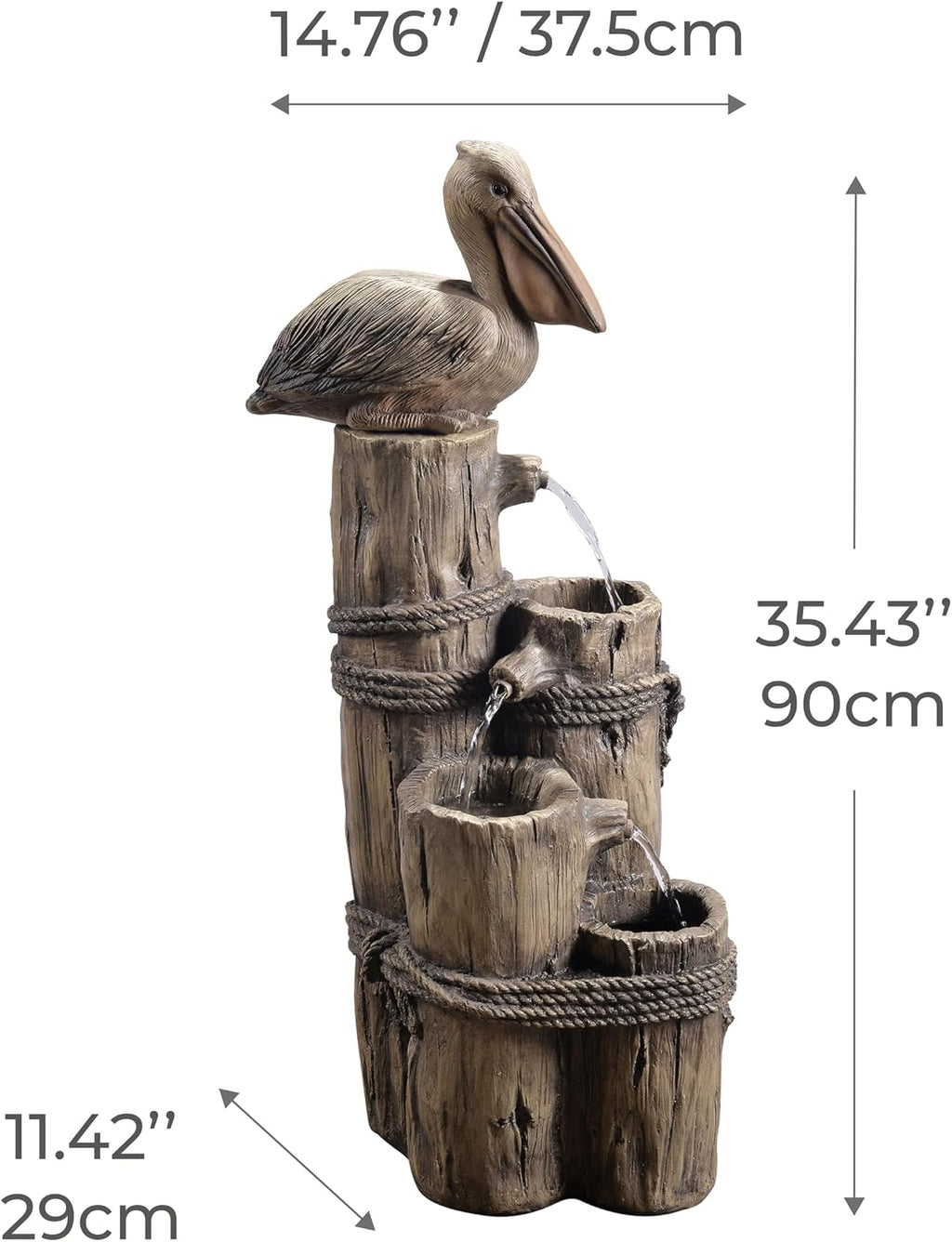 Teamson Home 35.42' 4-Tier Pelican and Driftwood Pier Post Outdoor Cascading Water Fountain, Brown