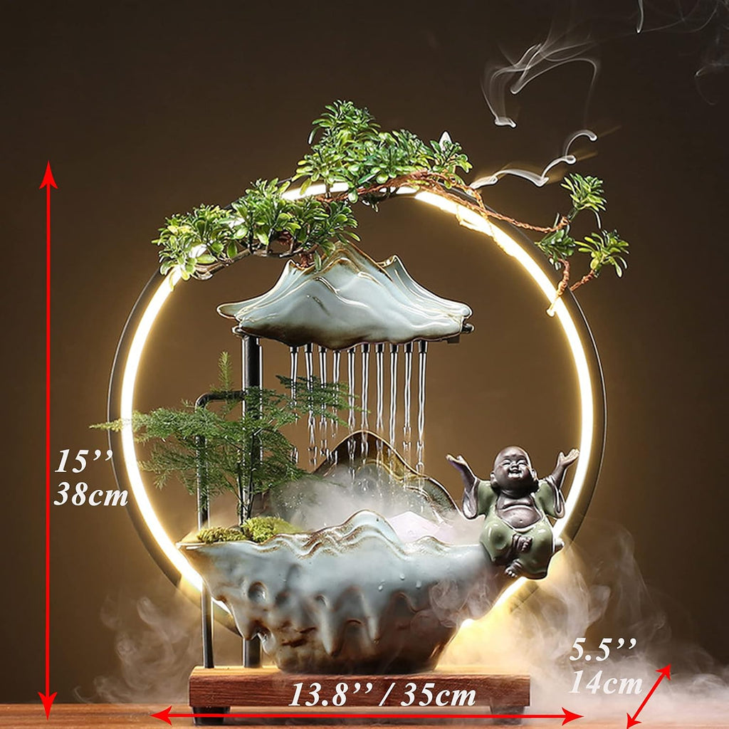 Tabletop Buddha Water Fountains Indoor Water Fall with LED Light Zen Decor for Meditation with Mist Japanese Decor with Fake Plants Feng Shui Decoration for Good Luck Wealth
