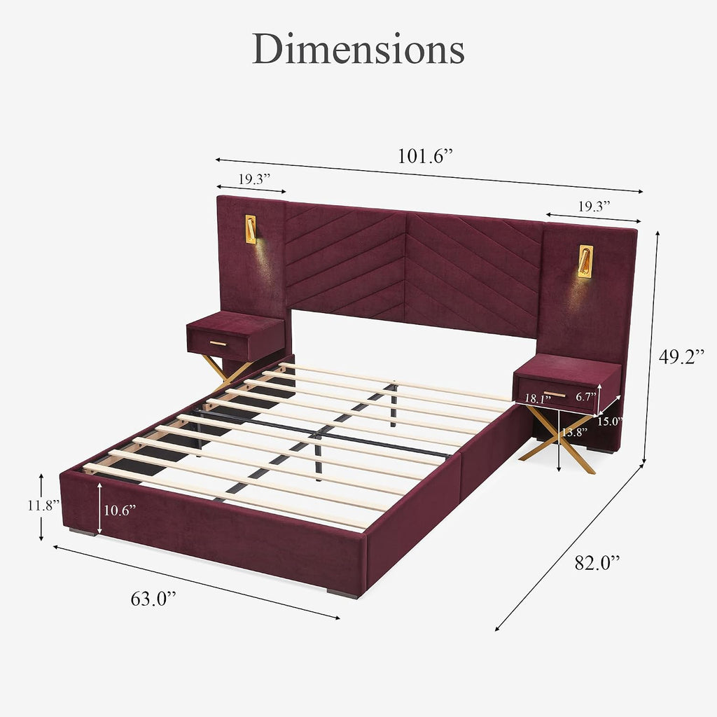 DEINPPA Luxury Queen Bed Frame with Built-in Gold LED Lights and Nightstands, Queen Size Platform Bed with Oversize Upholstered Headboard, No Box Spring Needed-Burgundy