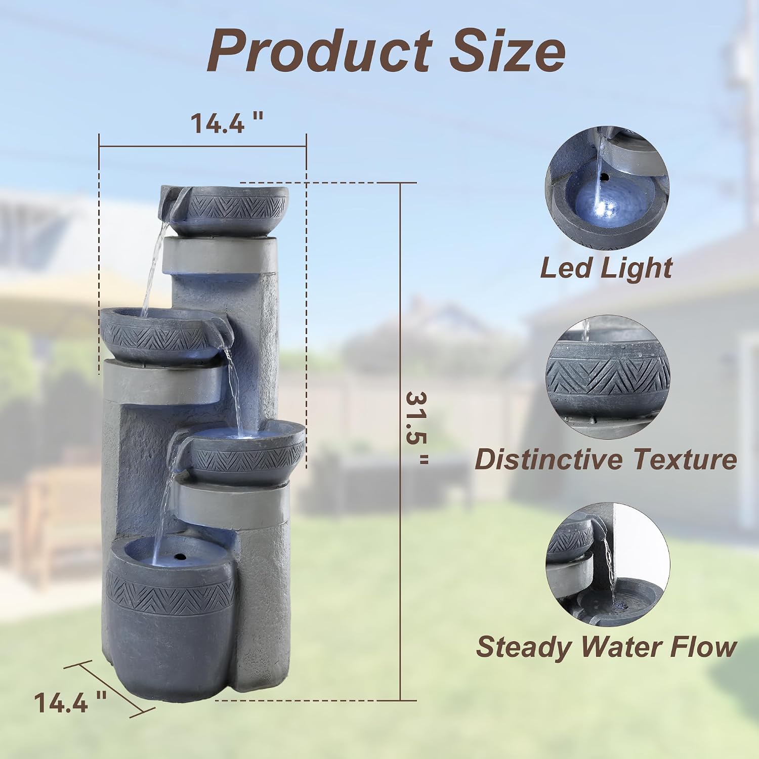 28' Outdoor Water Fountain with Led Lights, 4-Tiered Owl & Calla Lil Water Fountain, Outdoor Garden Waterfall Decor for Garden, Patio, Courtyard (32' Modern Pottery)