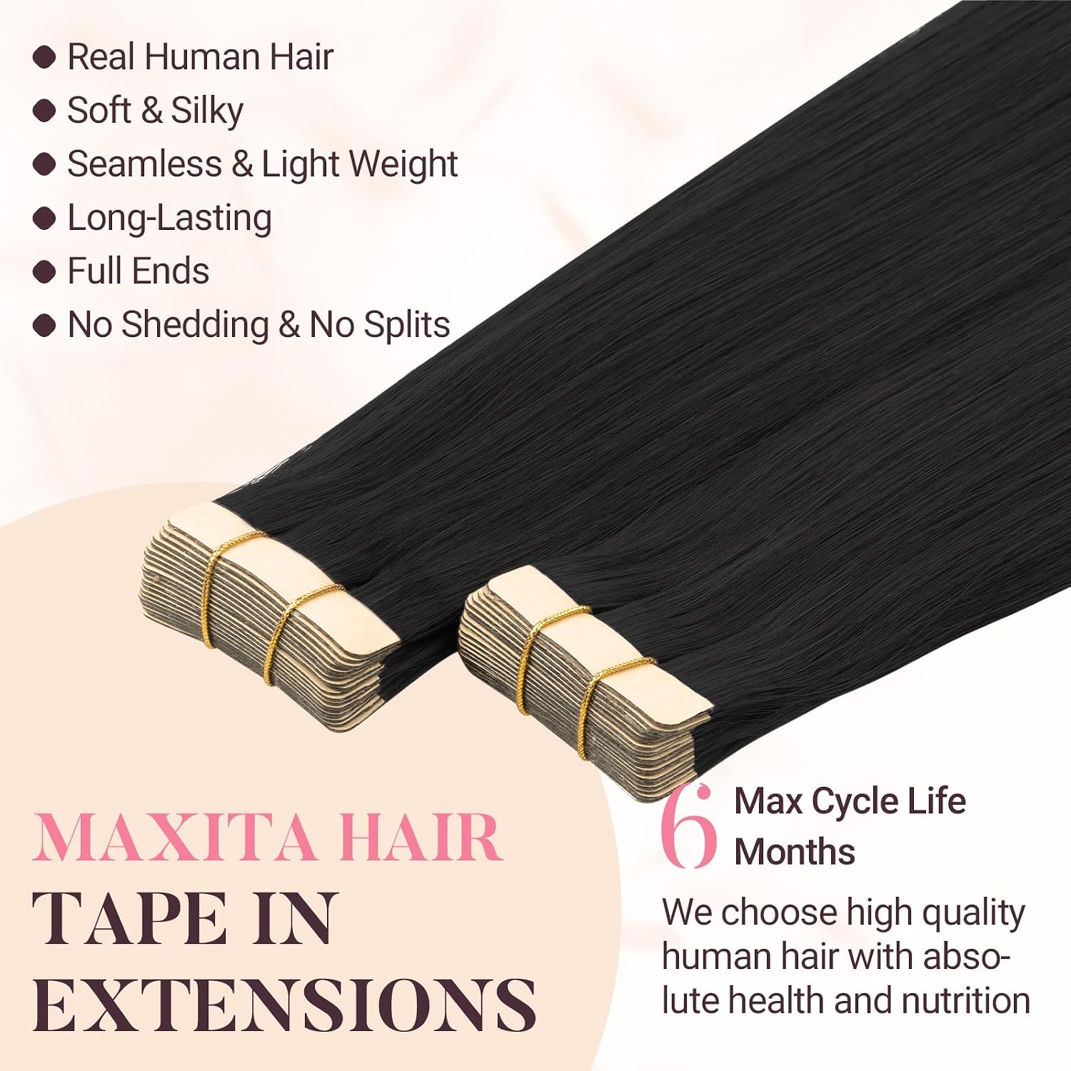 MAXITA Tape in Hair Extensions 1B Natural Black 22 Inch 100g 40pcs Thick Ends Remy Human Hair Seamless Straight Invisible Tape in Extensions