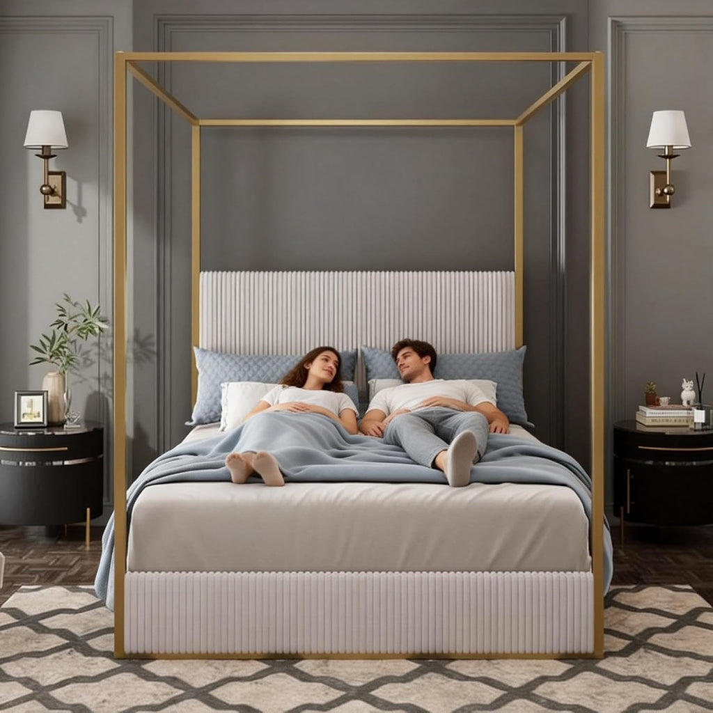 Queen Size Metal Canopy Bed with Tall Upholstered Channel Headboard and Gold 4 Poster, No Box Spring Needed (Beige+Gold, Queen)