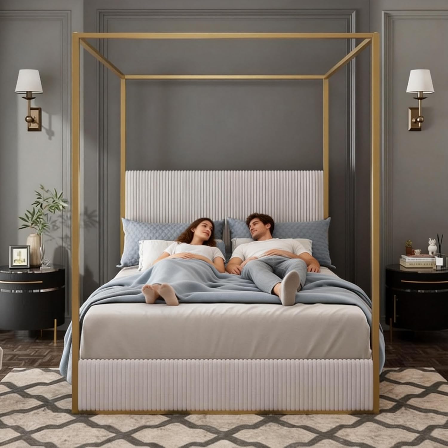 Queen Size Metal Canopy Bed with Tall Upholstered Channel Headboard and Gold 4 Poster, No Box Spring Needed (Beige+Gold, Queen)