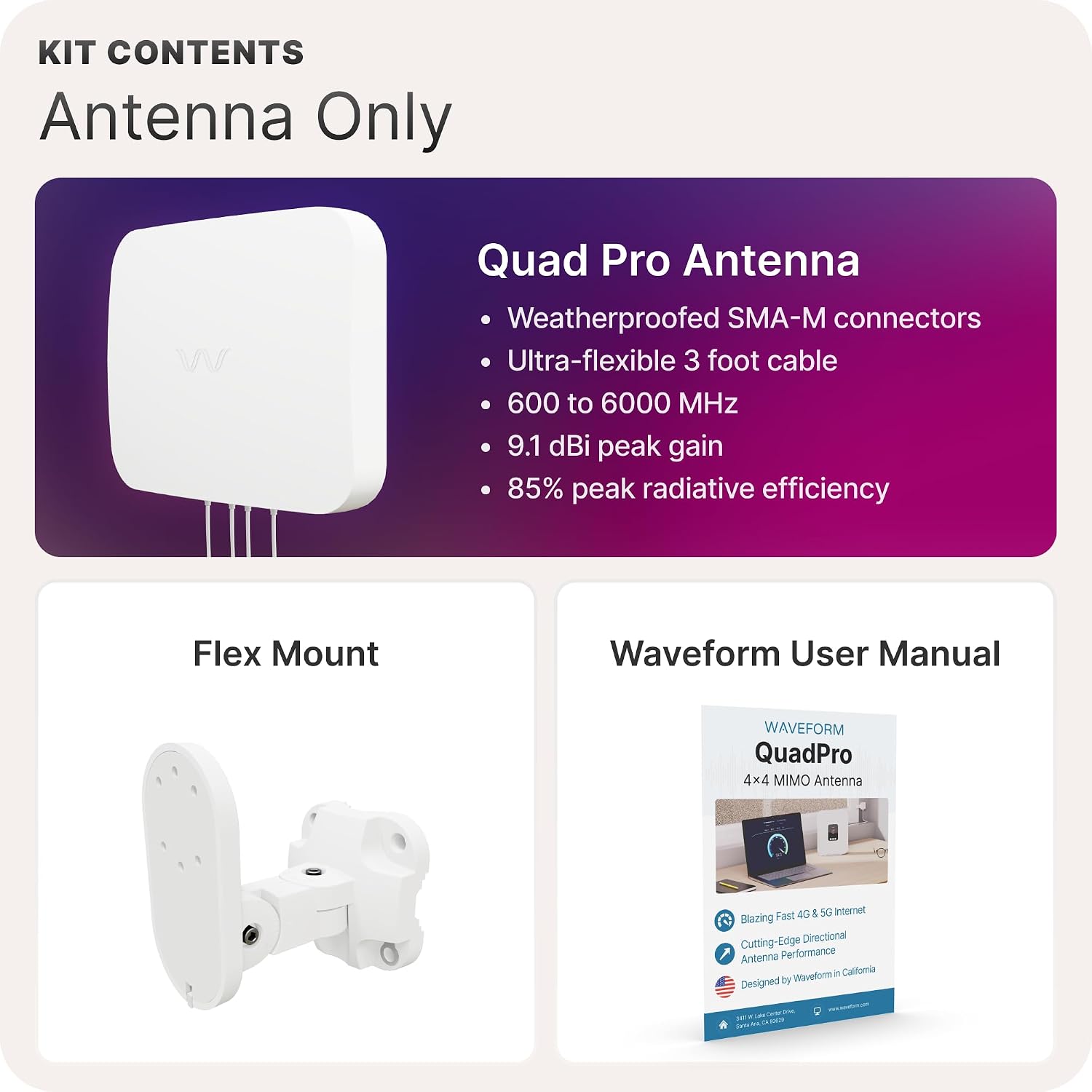 Waveform QuadPro & Lightning Surge Protector Bundle - 4x4 MIMO Panel Antenna for 4G/5G Routers & Gateways for T-Mobile Home Internet, Verizon, AT&T Bundle with FlexMount and LSP