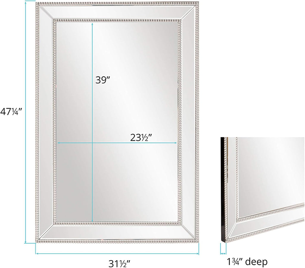 Howard Elliott Collection Gemma Hanging Large Rectangular Wall Mirror, Modern Glass Frame Mirror with Silver Beaded Trim, Accent Vanity Mirror for Living Room, Entryway and Bathroom, 48 x 32 Inch