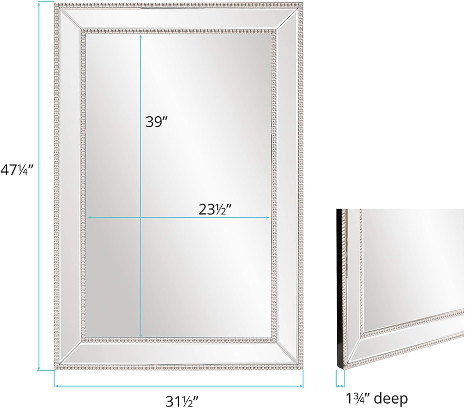 Howard Elliott Collection Gemma Hanging Large Rectangular Wall Mirror, Modern Glass Frame Mirror with Silver Beaded Trim, Accent Vanity Mirror for Living Room, Entryway and Bathroom, 48 x 32 Inch