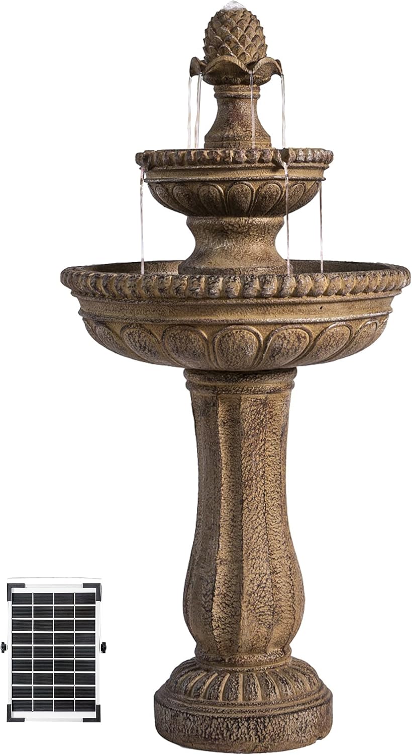 XBrand 39' Solar Water Fountain, 2-Tier Outdoor Sand Stone Resin with Solar Panel & Pump for Home Garden Yard Decor