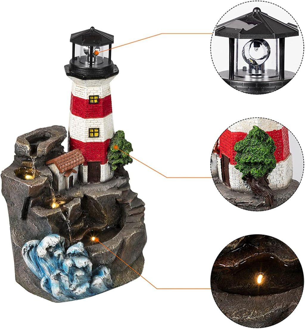 Ferrisland Lighthouse Big Waterfall Fountain Outdoor, Freestanding Relaxing Water Fountain, Garden Backyard Decking Home Nautical Art Decor, Gift Ideas(Red & White, 23' H)