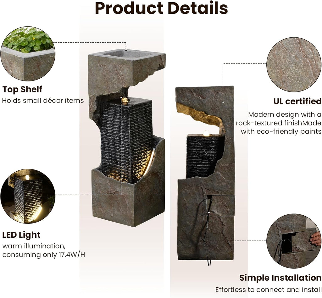 35.4' H Water Fall Fountains Indoor Waterfall Fountain Outdoor with LED Lights Floor-Standing for Outside Garden, Patio, Backyard, Deck Decor, Pool, Porch, Landscaping, Balconies