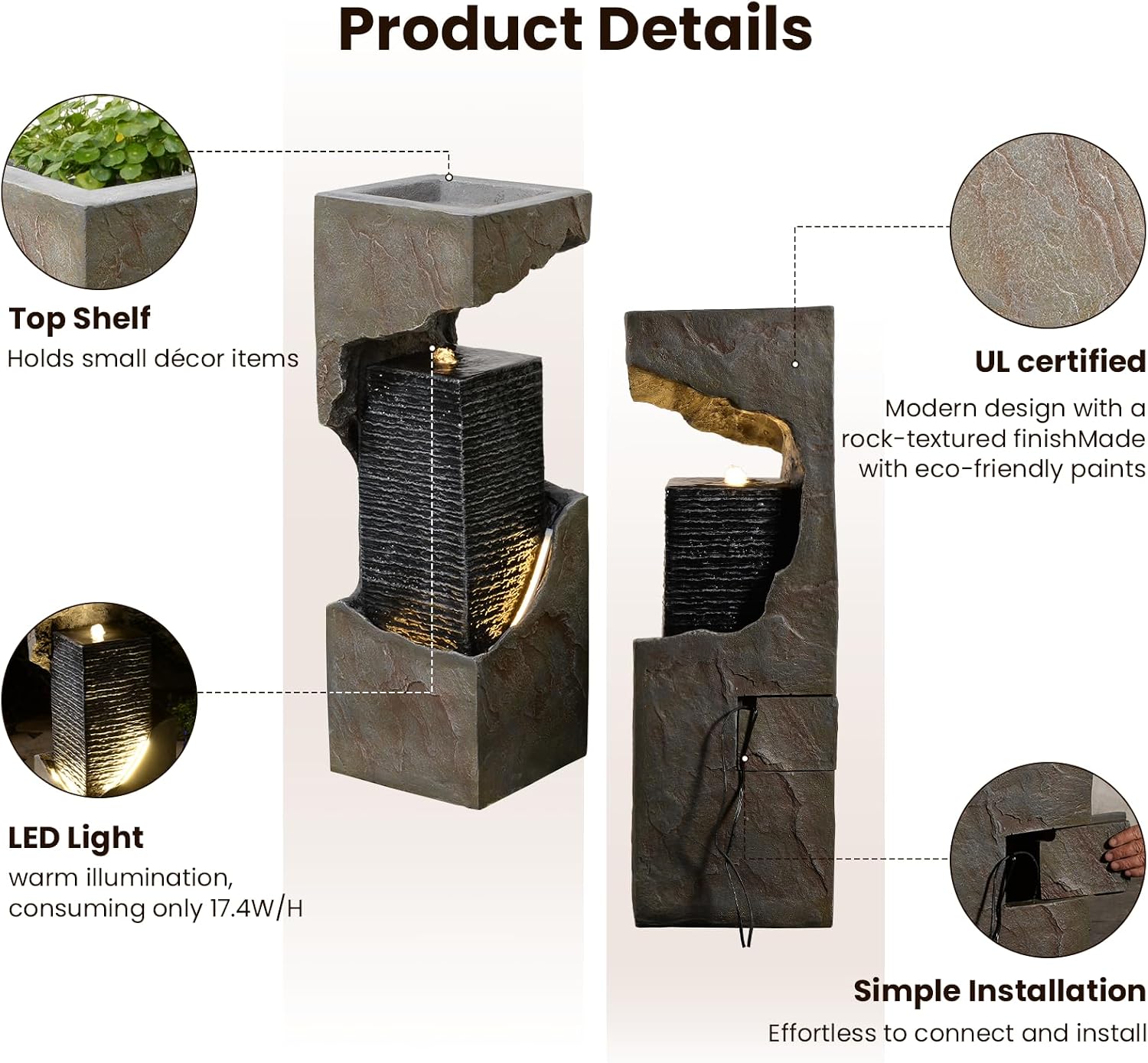 35.4' H Water Fall Fountains Indoor Waterfall Fountain Outdoor with LED Lights Floor-Standing for Outside Garden, Patio, Backyard, Deck Decor, Pool, Porch, Landscaping, Balconies
