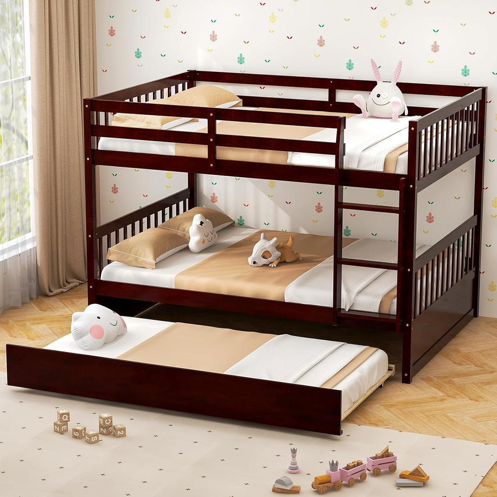 KOMFOTT Wood Full Over Full Bunk Bed with Trundle, Full Bed Frame with Ladder, Solid Wood Frame & Safety Guardrails, Space-Saving Bunk Bed for Teens & Adults, No Box Spring Needed