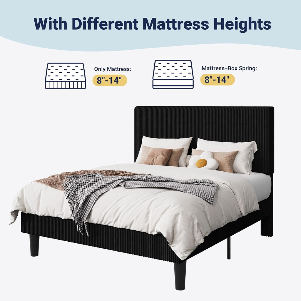 Allewie Queen Size Upholstered Bed Frame with Vertical Channel Tufted Headboard, Soft Corduroy Fabric Platform Bed, Strong Wooden Slats Support, Easy Assembly, No Box Spring Needed, Black