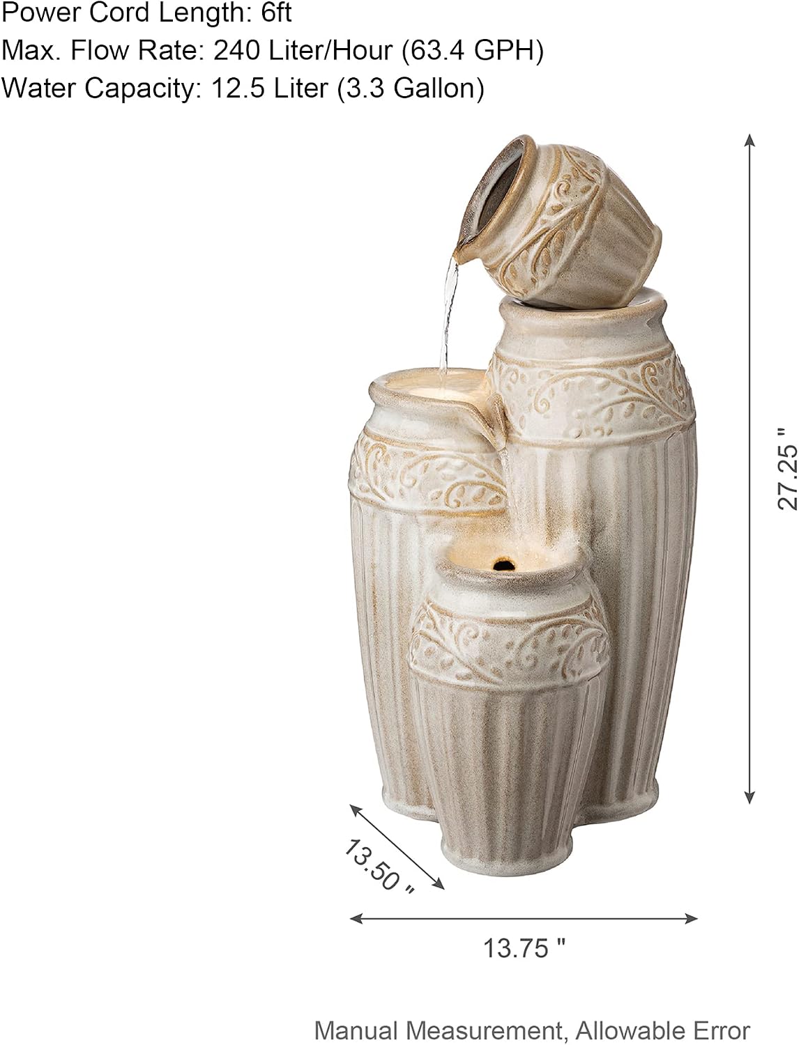 Glitzhome 27.25' H Outdoor Garden Water Fountain with LED Lights and Pump, 4 Tier Sand Beige Embossed Pattern Ceramic Pots Cascading Floor Standing Fountain for Porch Deck Patio Backyard Decoration