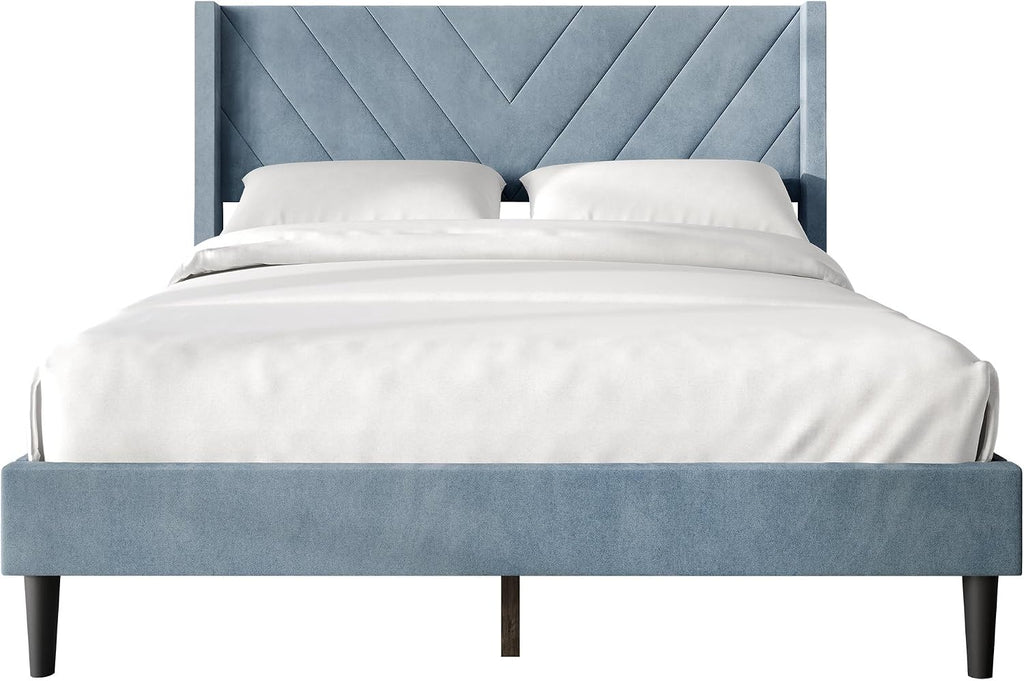 Queen Platform Bed Frame with Chevron-Stitched Wingback Headboard, Velvet Upholstery, No Box Spring Needed, Easy Assembly, Light Blue