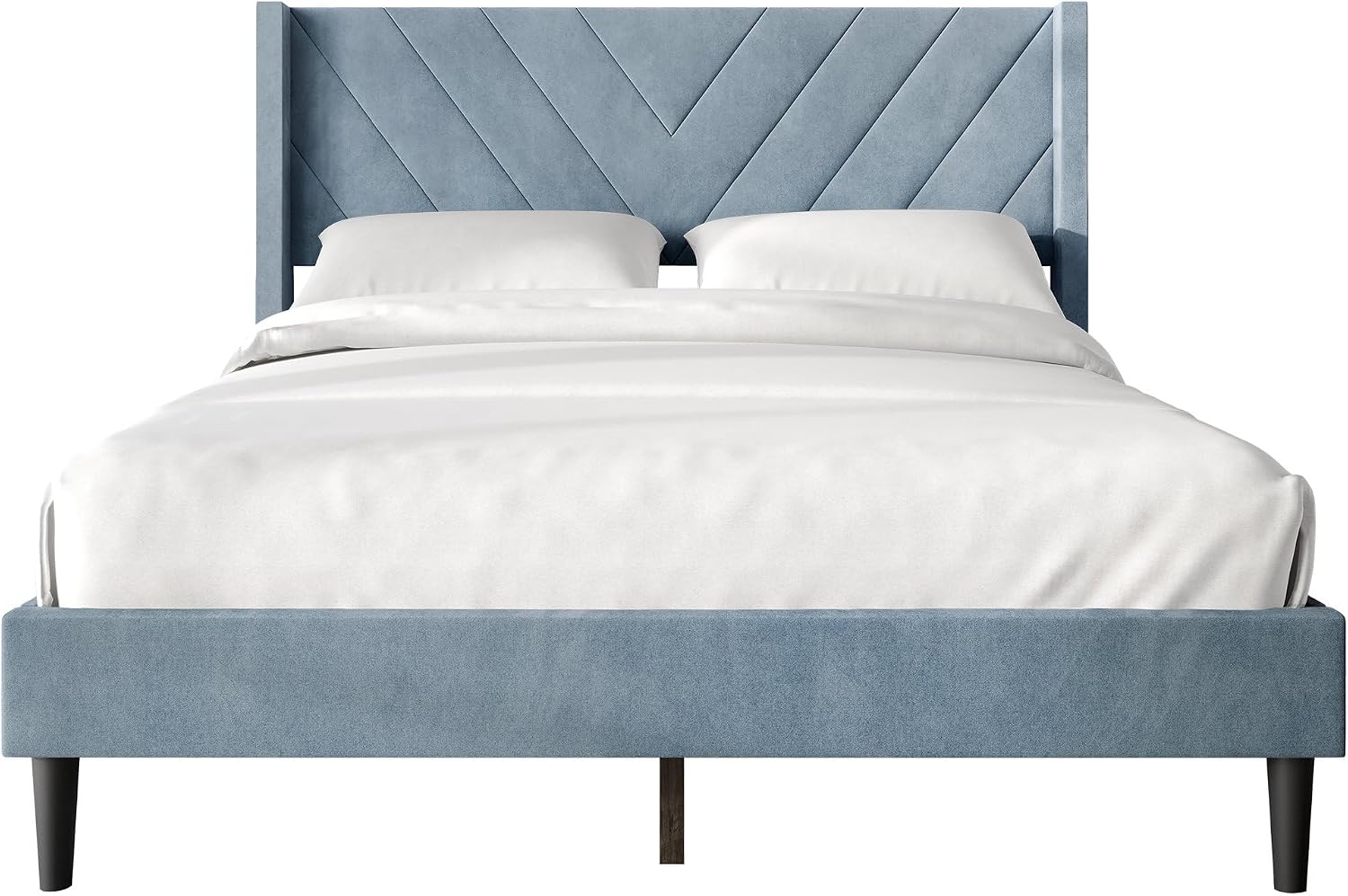 Queen Platform Bed Frame with Chevron-Stitched Wingback Headboard, Velvet Upholstery, No Box Spring Needed, Easy Assembly, Light Blue