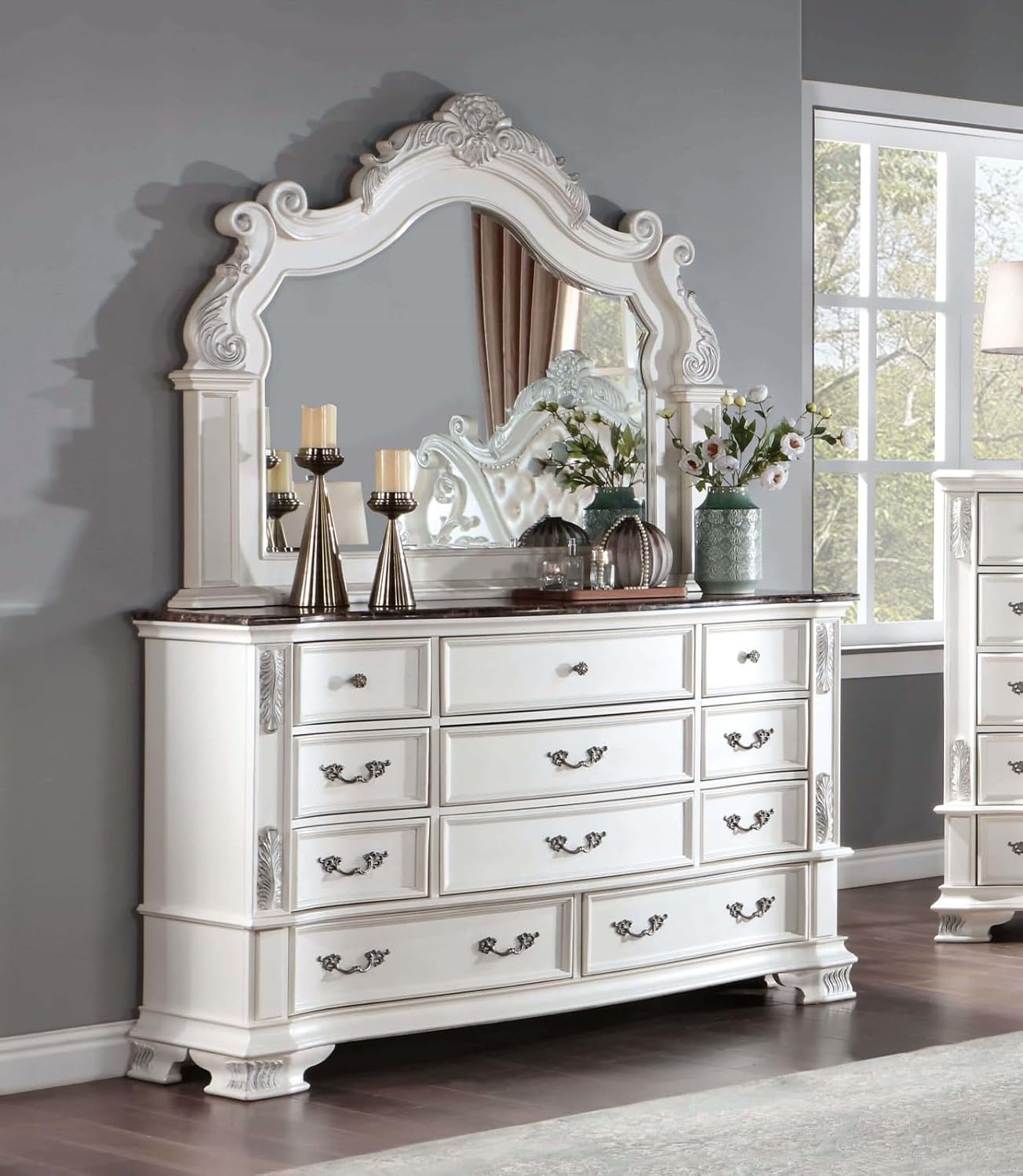 MASARA 4-Piece Traditional Queen Bedroom Set in Pearl White Finish, Engineered Leatherette, Marble, Polyresin, Solid Wood, Others