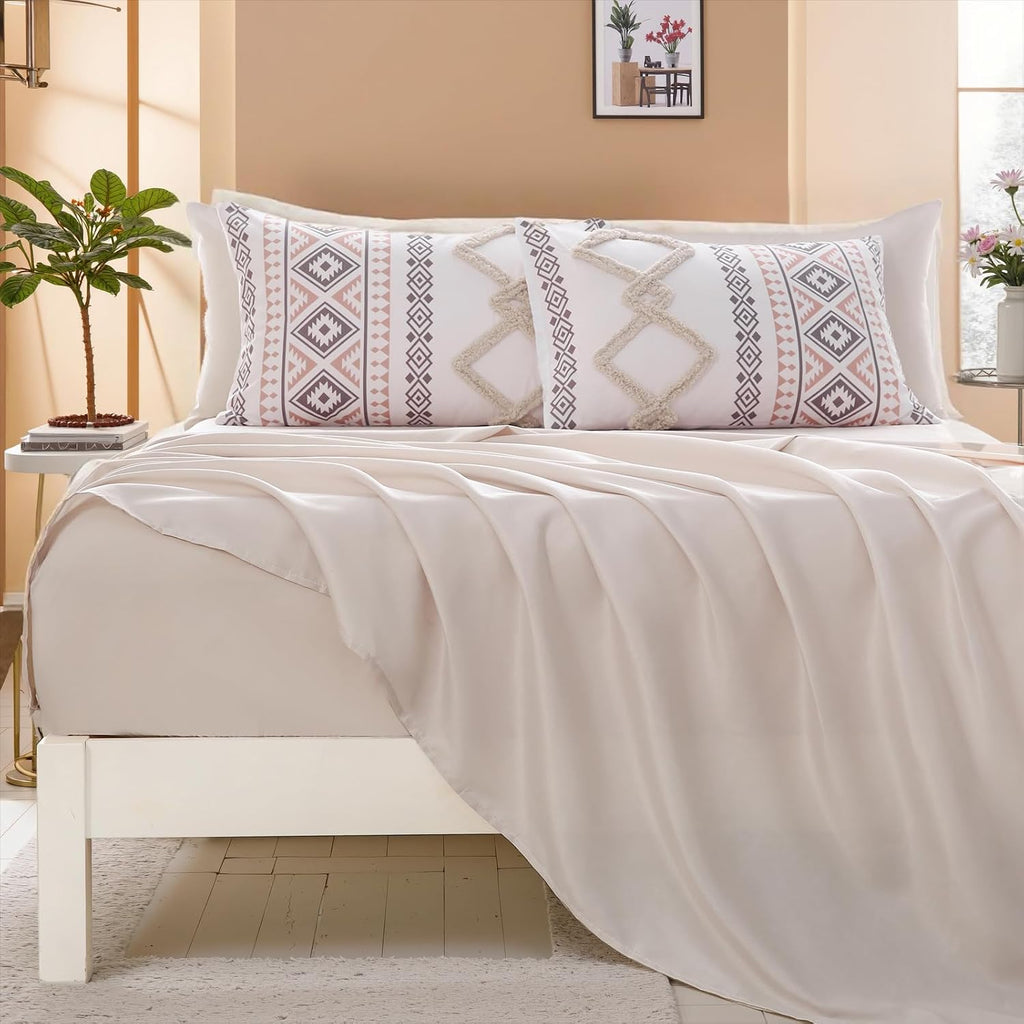 MOVE OVER Beige Tufted Comforter Set King Size 7 Pieces Boho Chic Farmhouse Bedding Set Bohemian Aztec Comforter Set and Sheet Set Modern Style Tufted Bedding Set for All Seasons