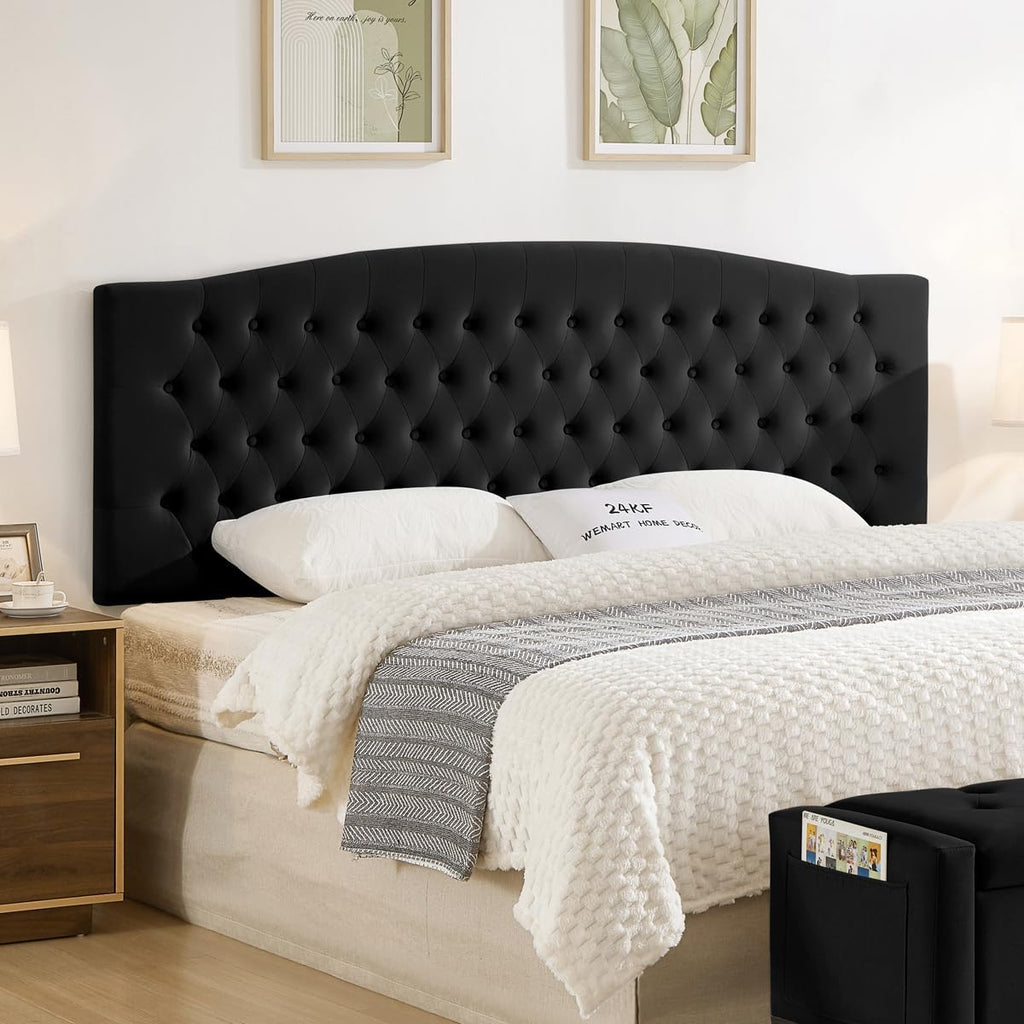 24KF Upholstered Tufted Button Velvet Wall Mounted Headboard,Comfortable Fashional Headboard King/CA King Size, 6058-K-Black