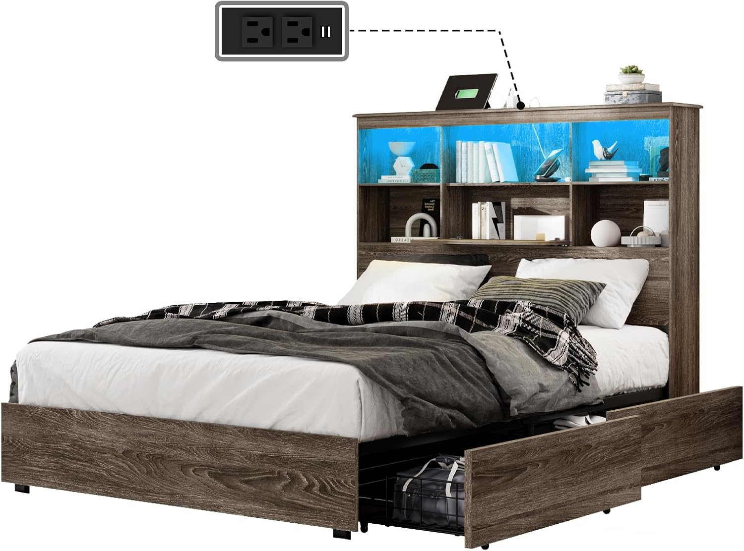 LUXOAK Queen Size Bed Frame with LED Bookcase Headboard, Wooden Storage Bed with Charging Station & 4 Drawers, No Box Spring Needed/Noise-Free/Rustic Grey