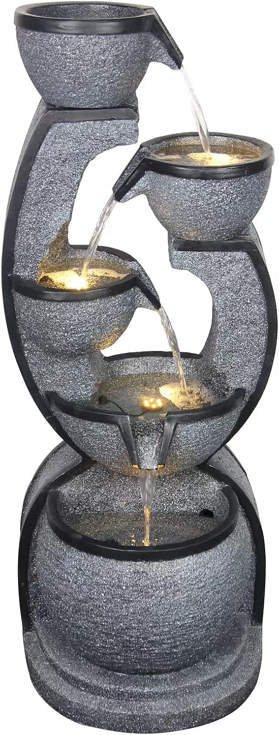 Water Fountain Outdoor 37.4''H Modern Garden Fountains Decor with LED Lighting Resin Indoor Waterfall for Garden, Floor Patio, Deck, Porch, Backyard and Home Art Decor