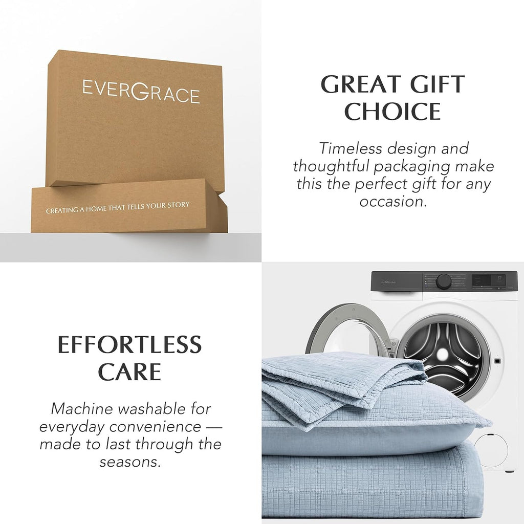 EVERGRACEHOME Stonewashed Cotton Quilt Set King Size, Ultra Soft Oversized Bedspread Coverlet Set, Lightweight Crinkle Box Stitch Bedding Sets for All Season, with 2 Matching Shams, Blue Linen