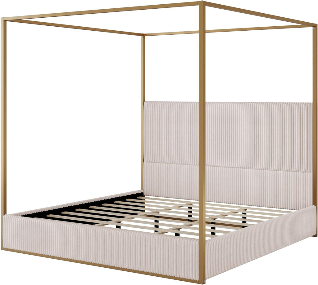 King Size Canopy Bed with Tall Upholstered Channel Headboard, Metal 4 Poster Upholstered Bed, No Box Spring Needed (Gold + Beige, King)