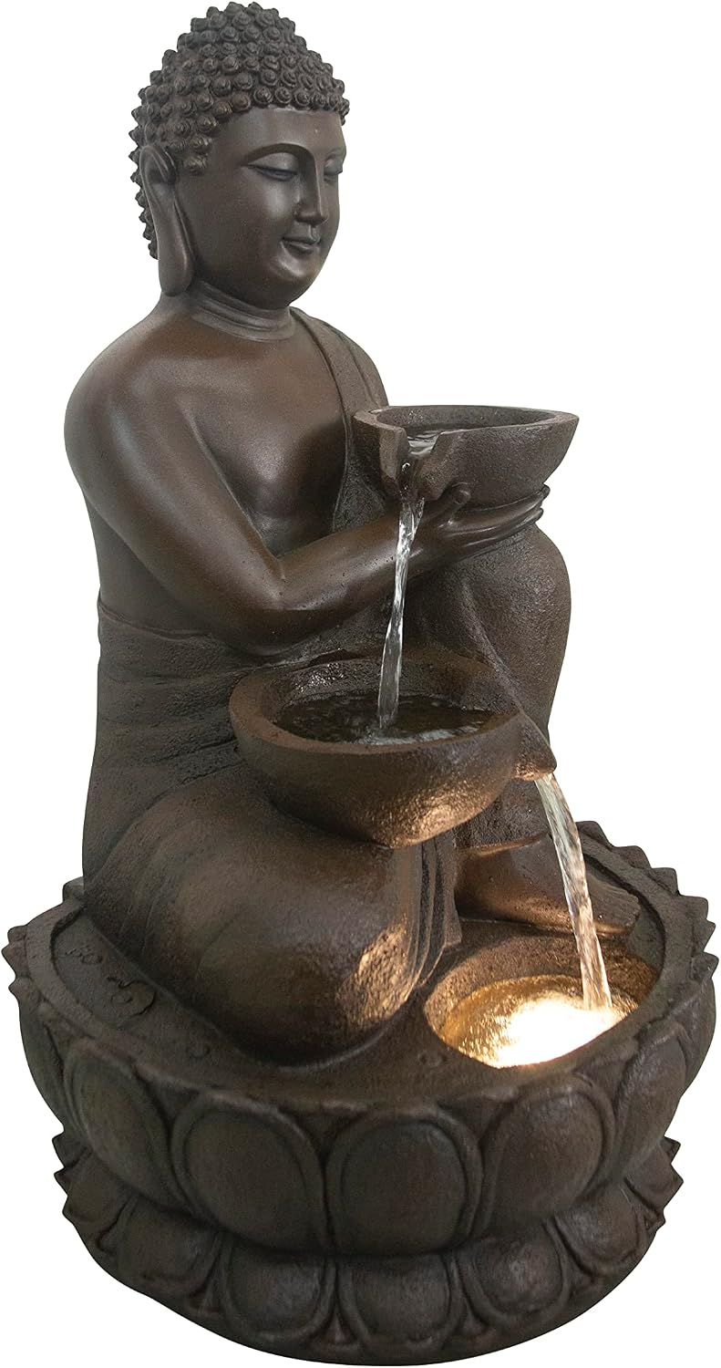 Hi-Line Gift-Large Buddha Fountain W/LED Light in/Outdoor Fountain Resin Garden Decor