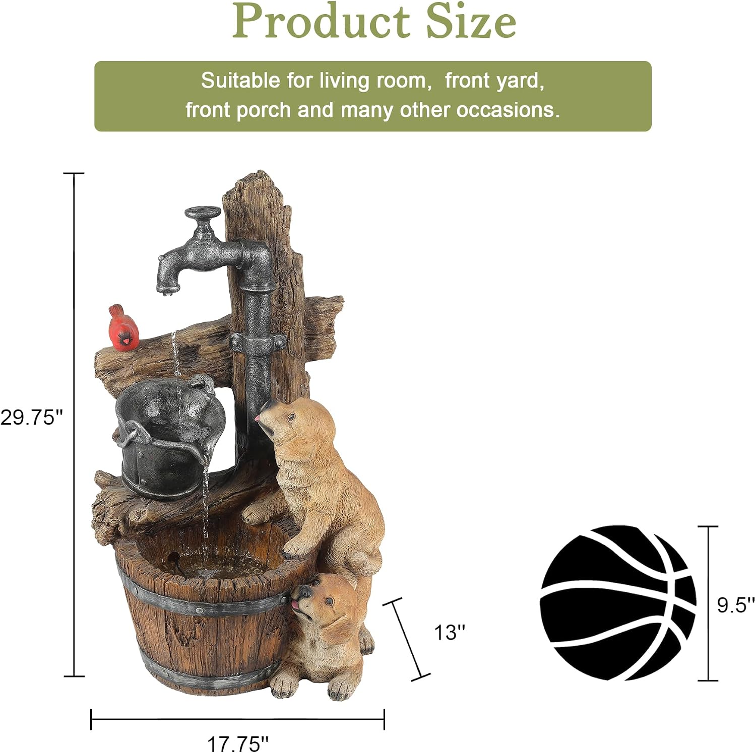 LuxenHome Water Fountain Outdoor, 30' Rustic Outdoor Water Fountain with LED Lights, Rustic Barrel Puppy and Pump Water Feature Outdoor, Garden Fountains Outdoor Patio, Porch, or Indoor Entryway