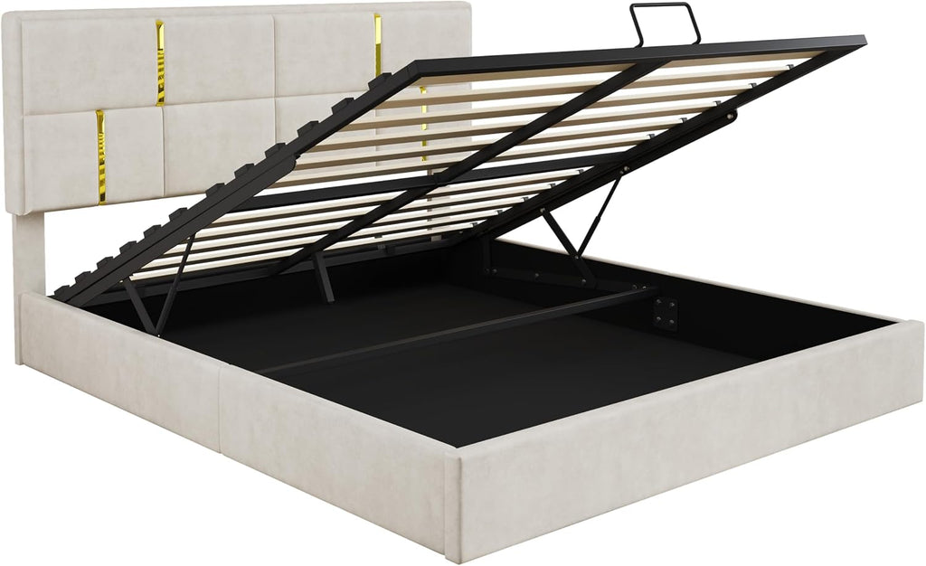 JIVOIT Upholstered Platform Bed with Hydraulic Storage System, Queen Size Storage Bed with Headboard and Wood Slats Support, Space Saving Wood Platform Bed Frame for Bedroom (Beige,Bed,5)