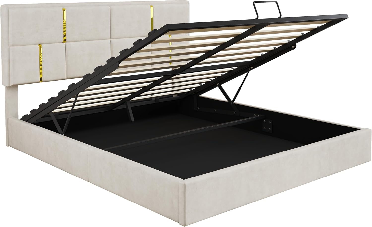 JIVOIT Upholstered Platform Bed with Hydraulic Storage System, Queen Size Storage Bed with Headboard and Wood Slats Support, Space Saving Wood Platform Bed Frame for Bedroom (Beige,Bed,5)