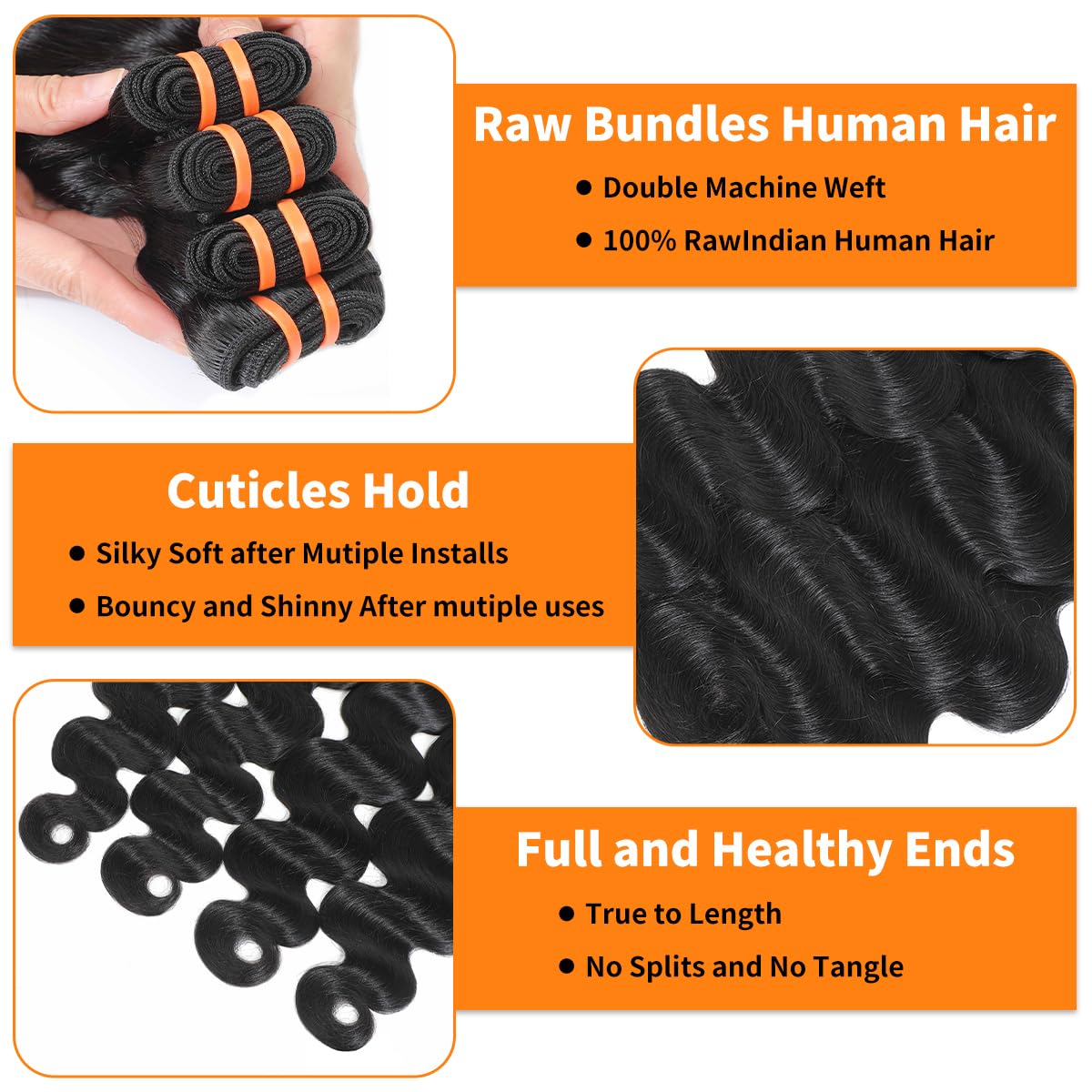 16A Raw Bundles Human Hair 14 16 18 20 Inch Body Wave Bundles Human Hair 100% Remy Virgin Human Hair 4 Bundles, 2-Year Life Span, Holds The Curls Well, Silky Soft after Mutiple Washes, Full and Thick