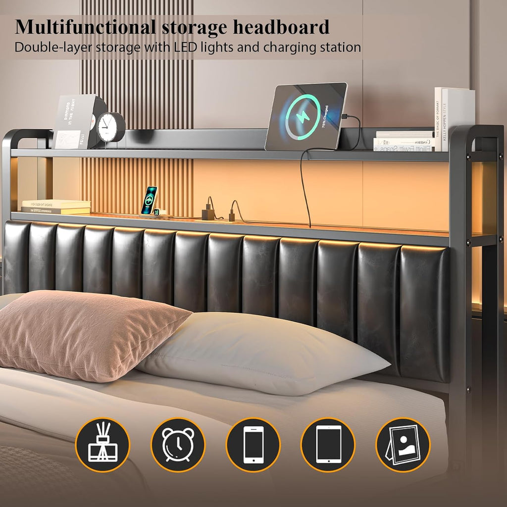 LoVinson Full Size Bed Frame with 2-Tier Storage Headboard, Metal Platform Bed Frame with Leather Storage Drawers, Built in Charging Station & LED Light, PU Leather, Non-Slip, Easy to Assemble, Black