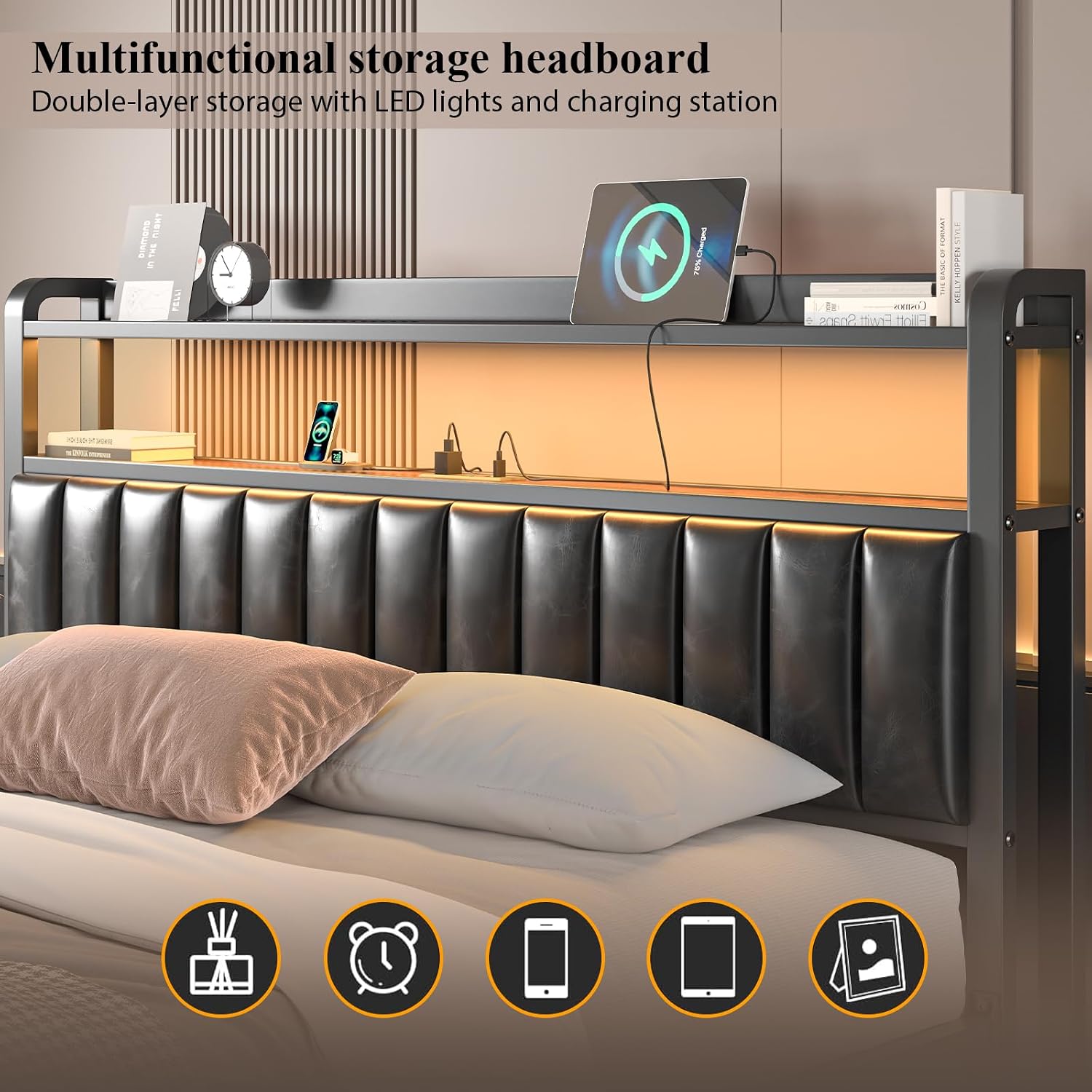 LoVinson Full Size Bed Frame with 2-Tier Storage Headboard, Metal Platform Bed Frame with Leather Storage Drawers, Built in Charging Station & LED Light, PU Leather, Non-Slip, Easy to Assemble, Black