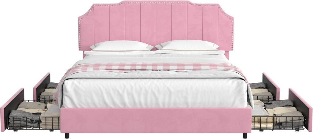 VECELO Queen Upholstered Platform Bed Frame with 4 Storage Drawers,Velvet Vintage Queen Bed with Nailhead Trim,Tufted Height Adjustable Headboard,Wooden Slats/No Box Spring Needed/Easy Assembly