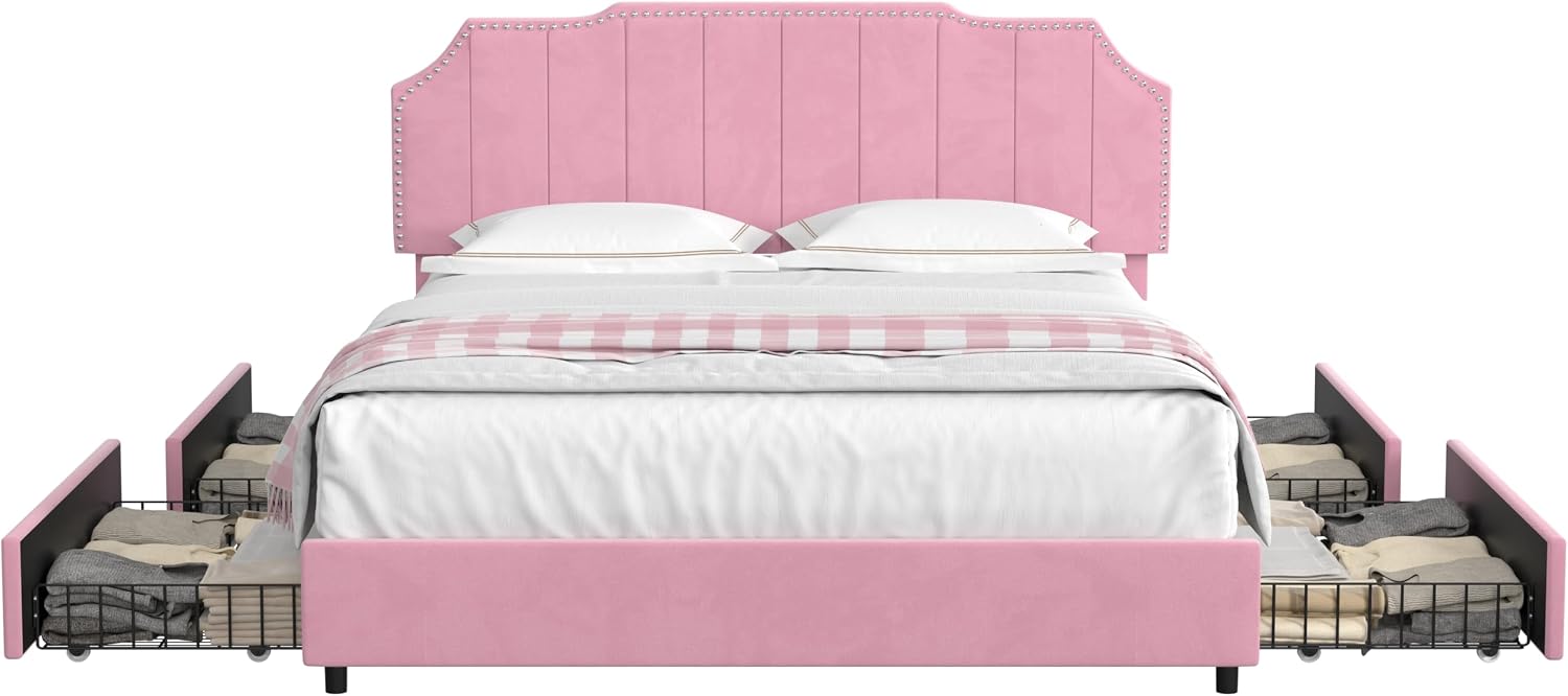 VECELO Full Upholstered Platform Bed Frame with 4 Storage Drawers,Velvet Vintage Full Bed with Nailhead Trim,Tufted Height Adjustable Headboard,Wooden Slats/No Box Spring Needed/Easy Assembly