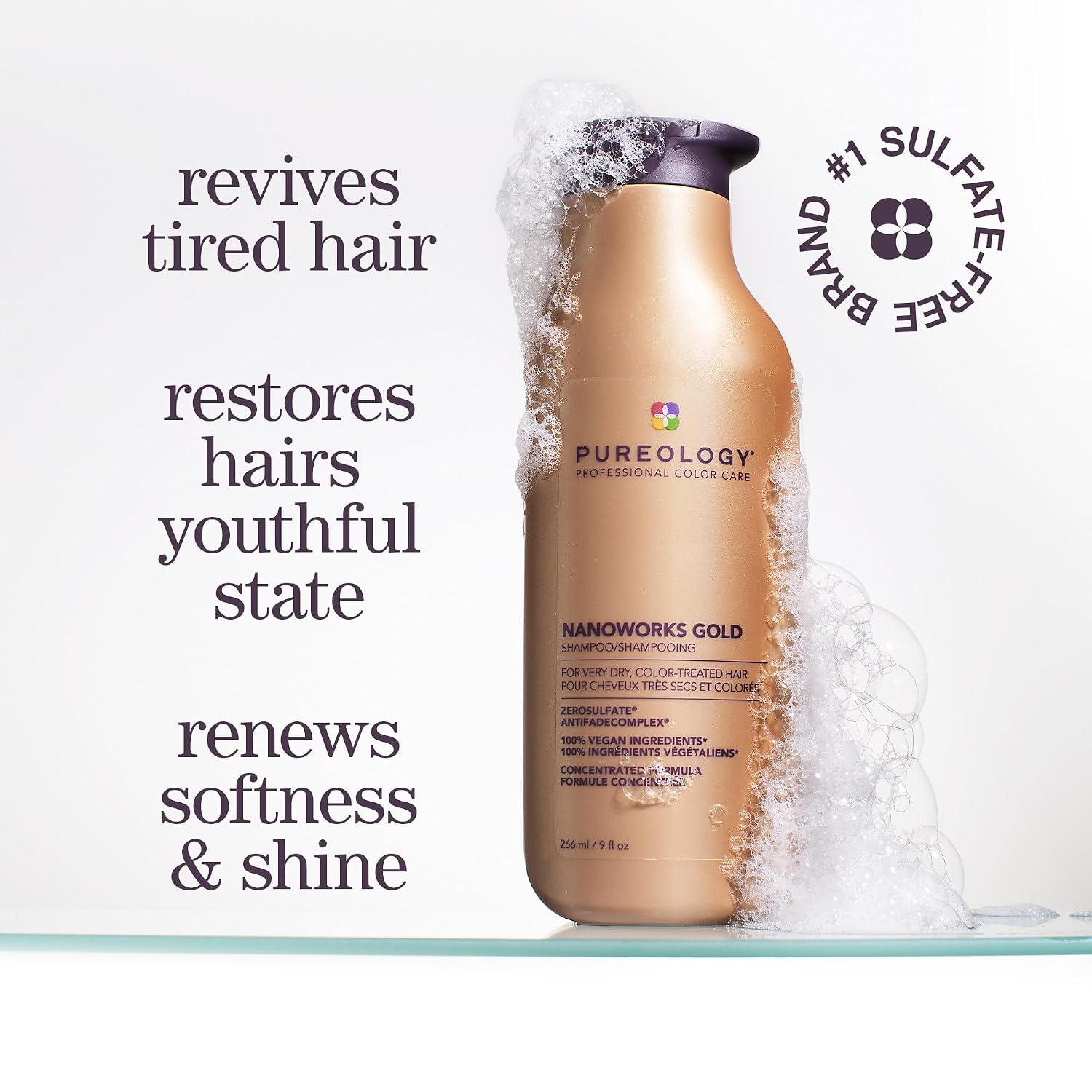 Pureology Nanoworks Gold Shampoo - For Very Dry and Color-Treated Hair, Renews Softness & Shine, Sulfate-Free & Vegan
