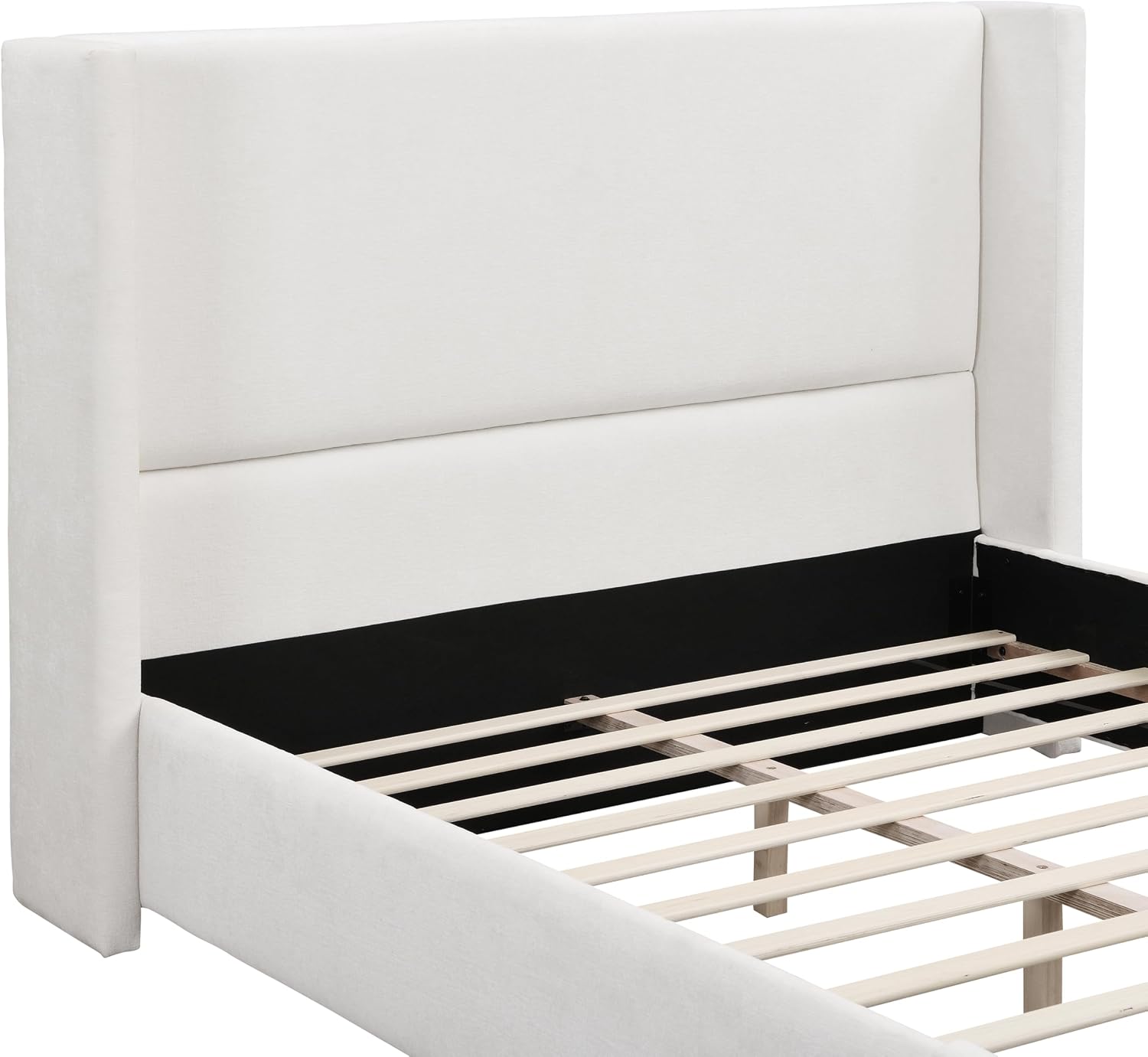 Merax Queen Size Bed Frame, Elegant White Upholstered Platform Bed with 41.1' Tall Wingback Headboard for Bedroom, Solid Wood Slats Support, No Box Spring Needed, Easy Assembly