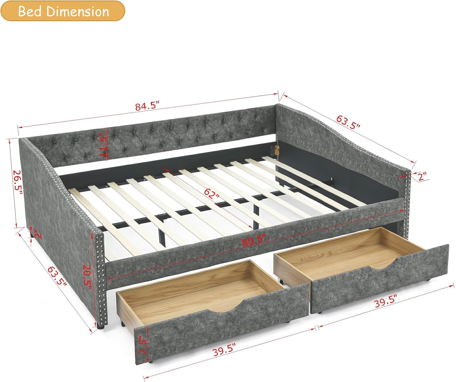 Wood Queen Size Daybed, Day Bed Frame with 2 Storage Drawers, Upholstered Bed Frame Queen Sofa Bed with Button and Nailhead Design for Bedroom Guest Room, No Box Spring Needed, Grey
