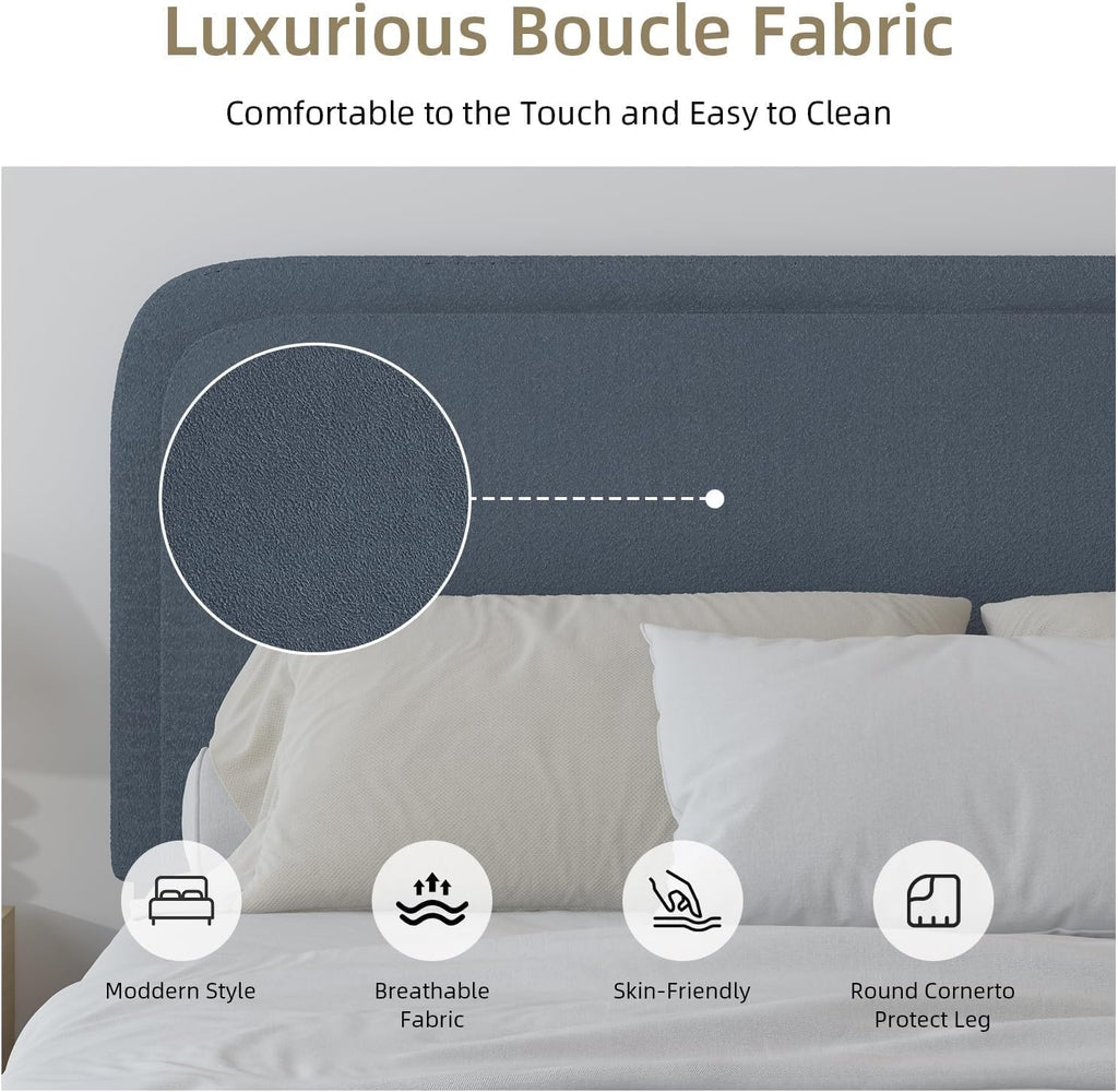BarnFurin Queen Bed Frame with Headboard, Boucle Upholstered Platform Bed Frame, Luxurious Soft Rounded Corners, No Box Spring Required, Non-Slip and Noise-Free, Easy Assembly, Blue
