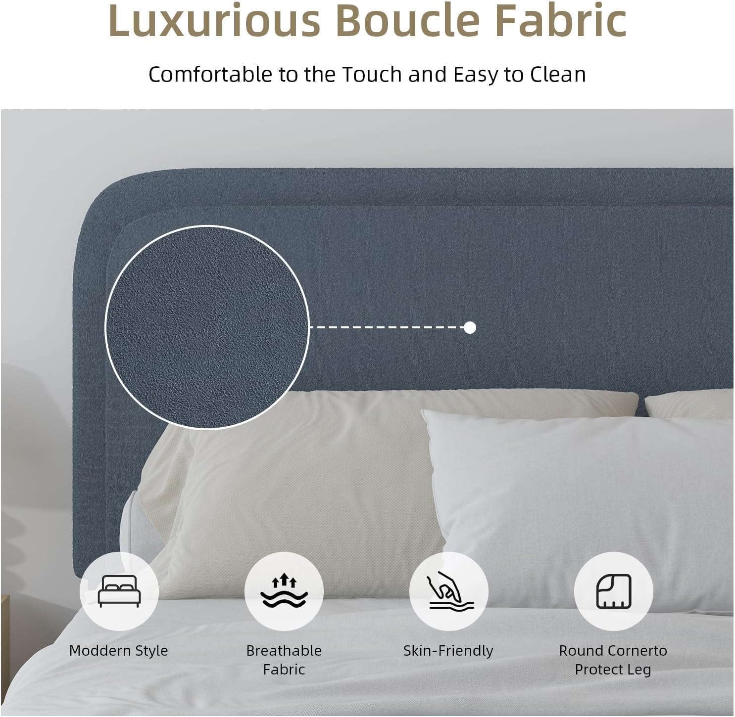 BarnFurin Queen Bed Frame with Headboard, Boucle Upholstered Platform Bed Frame, Luxurious Soft Rounded Corners, No Box Spring Required, Non-Slip and Noise-Free, Easy Assembly, Blue