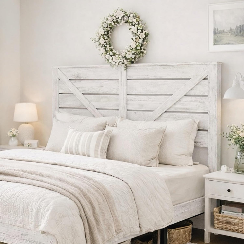 Full Size Bed Frame with Headboard – Farmhouse Style Platform with LED Lights USB Charging No Box Spring Easy Assembly White Boho Bed Frame Modern Bedroom Sets (Boho White, Full)