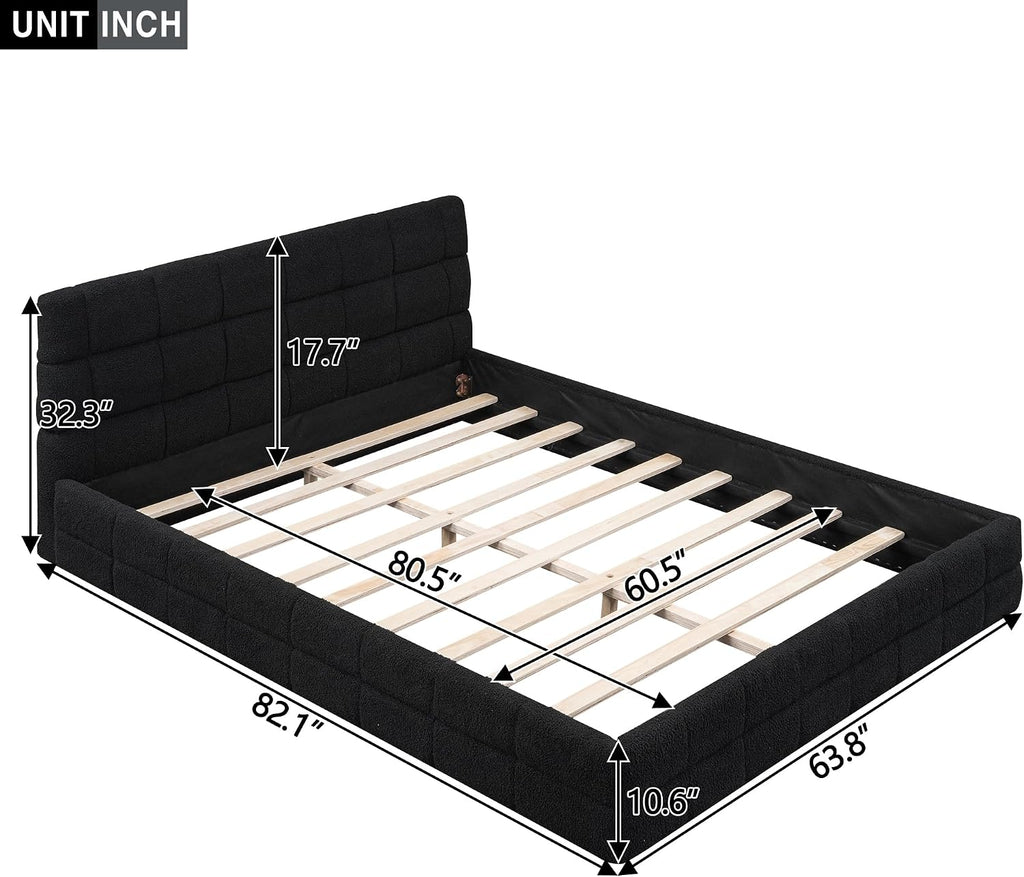 JIVOIT Queen Size Upholstered Platform Bed, Berber Fleece Upholstered Bed with Headboard, Wood Low Platform Bed Frame with Wood Slats Support, No Box Spring Required (Black & 12)