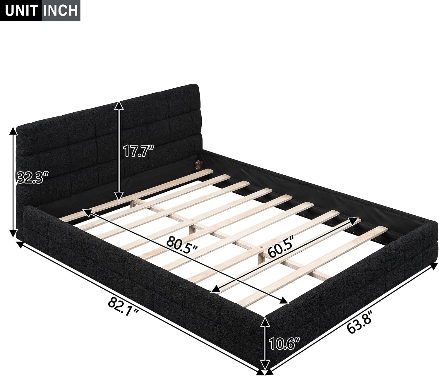 JIVOIT Queen Size Upholstered Platform Bed, Berber Fleece Upholstered Bed with Headboard, Wood Low Platform Bed Frame with Wood Slats Support, No Box Spring Required (Black & 12)