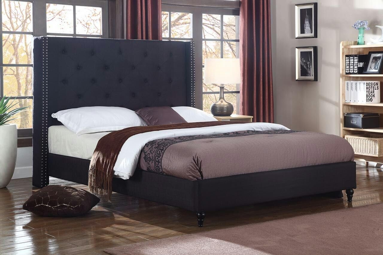 Home Life Premiere Classics Cloth Black Linen 51' Tall Headboard Platform Bed with Slats King - Complete Bed 5 Year Warranty Included 007