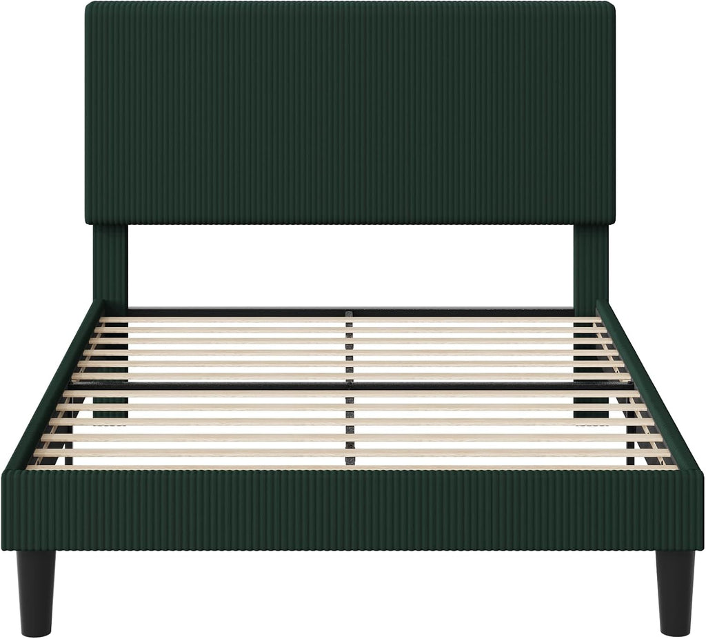 Allewie Queen Size Upholstered Bed Frame with Vertical Channel Tufted Headboard, Soft Corduroy Fabric Platform Bed, Strong Wooden Slats Support, Easy Assembly, No Box Spring Needed, Dark Green