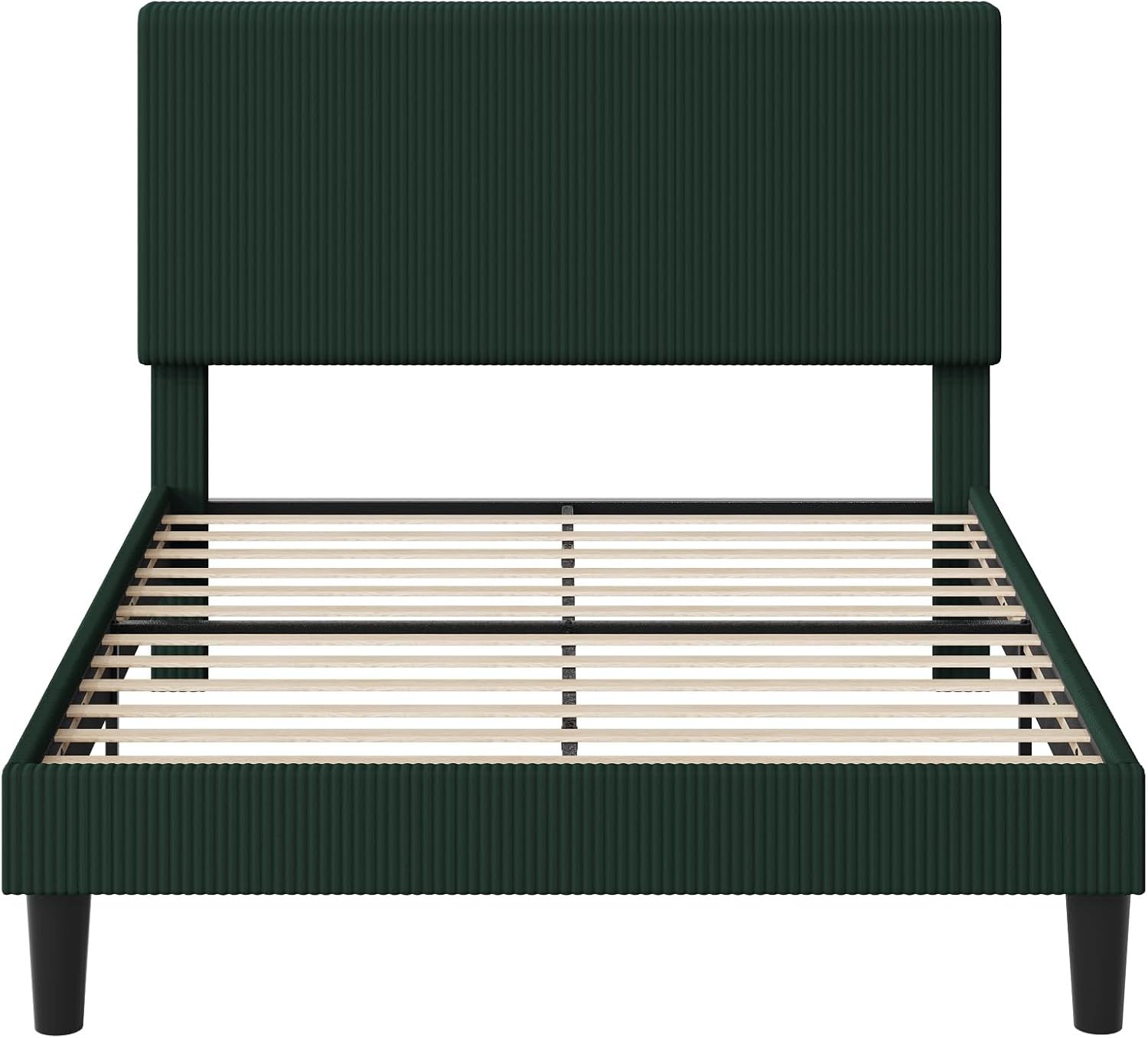 Allewie Queen Size Upholstered Bed Frame with Vertical Channel Tufted Headboard, Soft Corduroy Fabric Platform Bed, Strong Wooden Slats Support, Easy Assembly, No Box Spring Needed, Dark Green