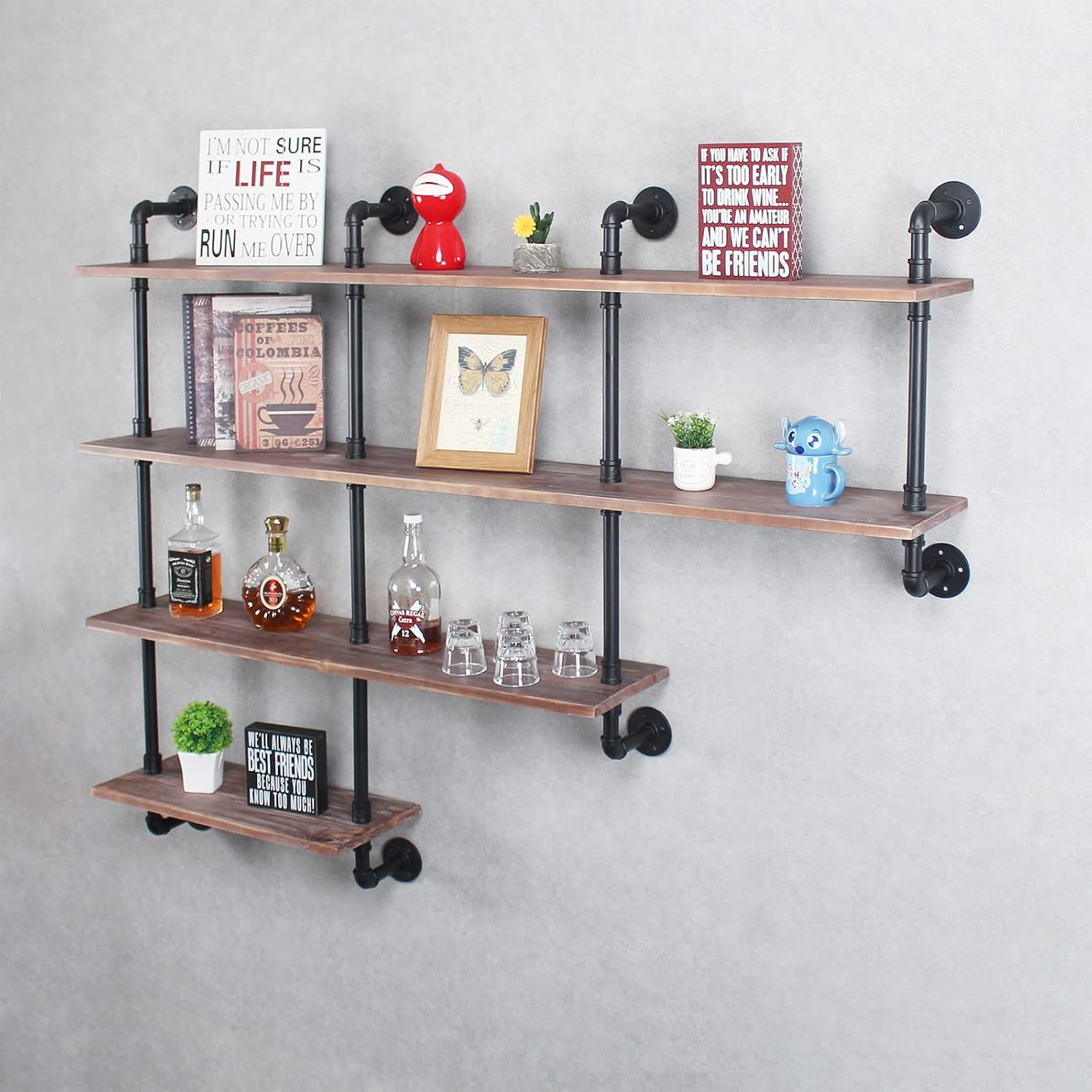 MBQQ 4-Tiers 63inch Industrial Pipe Shelving,Rustic Wooden&Metal Floating Shelves,Home Decor Shelves Wall Mount with Wine Rack,Decorative Accent Wall Book Shelf for Kitchen,Retro Brown