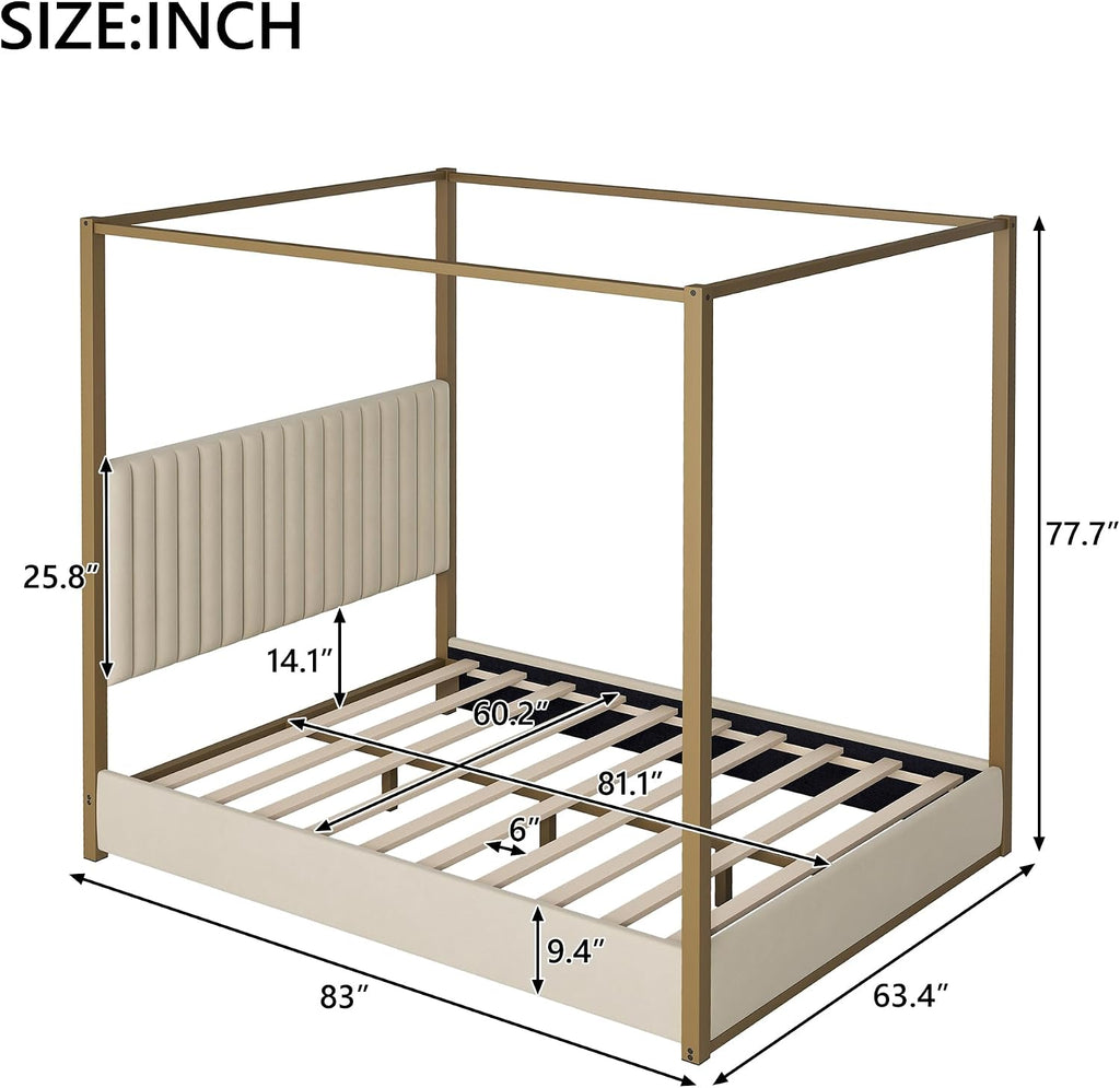Queen Size Canopy Bed with Upholstered Headboard, 4-Poster Bed Frame with Metal Frame for Bedroom (Beige, Queen)