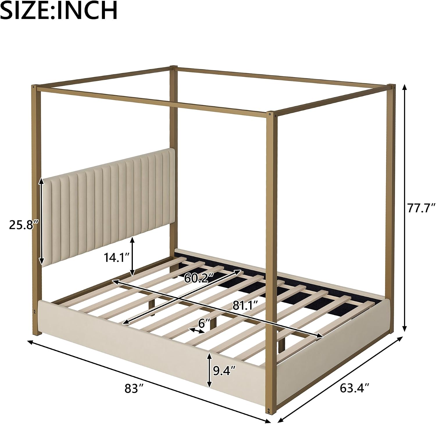 Queen Size Canopy Bed with Upholstered Headboard, 4-Poster Bed Frame with Metal Frame for Bedroom (Beige, Queen)